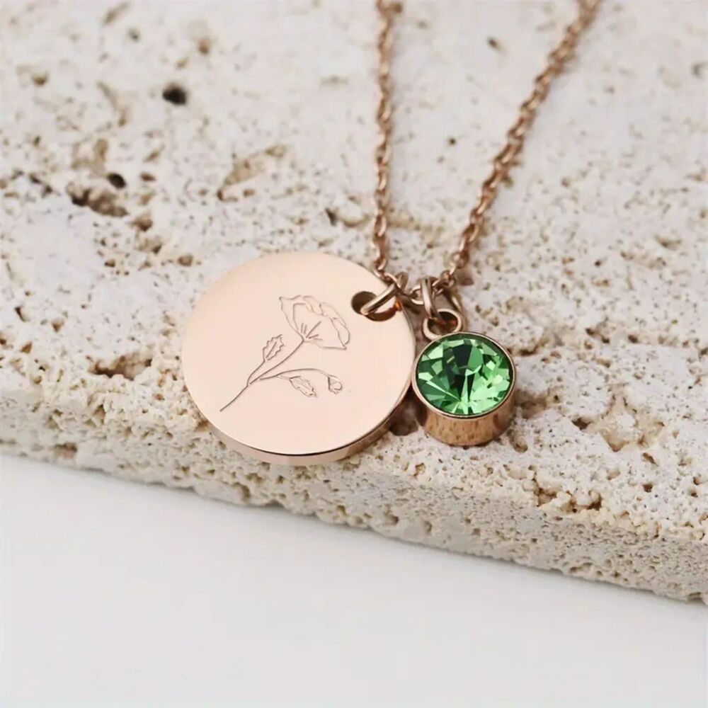 "August" Birth Flower & Glass Gem Pendant Necklace – Peridot-Inspired Sparkle